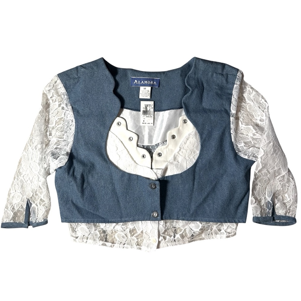 Vintage Y2K Alamosa Cropped Denim Vest Blouse, Lace Sleeves, Women’s Medium